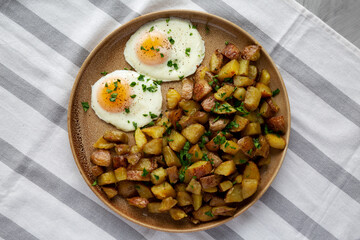Homemade Garlic Herb Roasted Potatoes on a Plate, top view. Flat lay, overhead, from above.