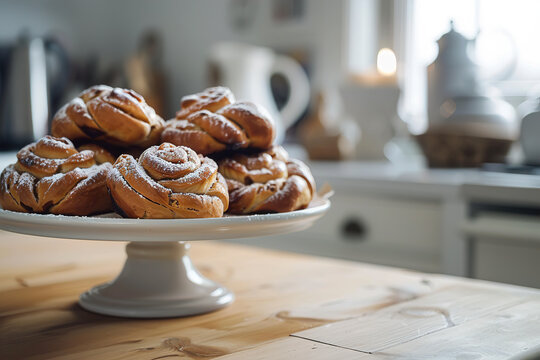 Cinnamon buns on a Scandi table. Image for cafe menu, Banner