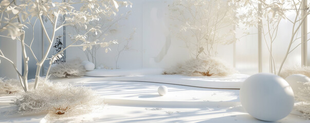 A serene scene of stylized white forest with spherical shapes, creating an ethereal and otherworldly ambiance. dreamlike winter landscape with white trees smooth spheres