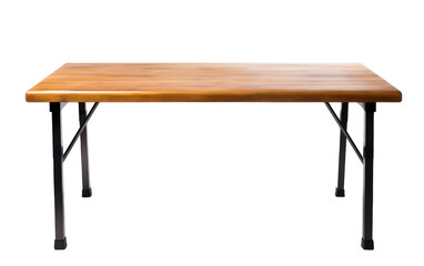 Wooden table with sleek black legs against a stark white background