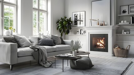 white daybed sofa against fireplace. Rustic scandinavian home interior design of modern living room - obrazy, fototapety, plakaty