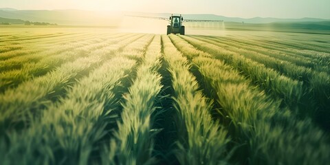 Tractor spraying green wheat field with herbicides and pesticides to fertilize and protect crops. Concept Agriculture, Farming, Crop Protection, Pesticides, Herbicides - obrazy, fototapety, plakaty