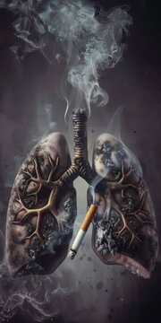 The lungs of a smoker who has been smoking all year round are covered with mold spots. A burning cigarette is inserted into the lung tube, and smoke in the shape of a skull is floating out