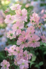 Fototapeta premium Delicate pink flowers adorned with dew drops in a lush garden during early morning light, showcasing nature's beauty and tranquility