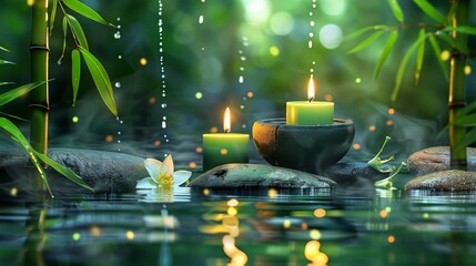  background wallpaper, spa day theme with green candles and bamboo elements, water flowing in the...