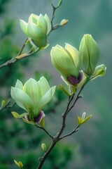 light green magnolia flower blooming on the branch. 