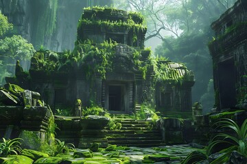 : A forgotten temple hidden in a lush jungle, adorned with vibrant moss and ancient glyphs.