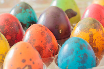 Coloured eggs, Easter eggs, angle top view, selective focus, zoomed - obrazy, fototapety, plakaty
