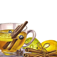 A frame with a transparent glass tea cup with lemon and cinnamon. A hand-drawn watercolor illustration. A hot, fragrant vitamin drink. For invitations, postcards, banners, packaging and menus.