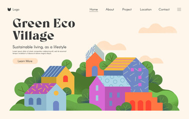 Green eco village landing page.Web page design template with countryside in the spring or summer.Hand drawn town landscape,hills and trees.Vector layout concept for real estate website, mobile website