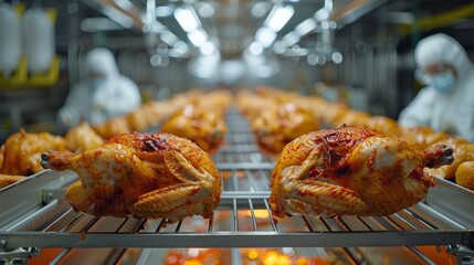 Roasted chickens being prepared in a commercial kitchen during the evening shift in a bustling food production facility