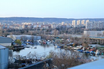 View of the port and the bay in the evening from the bridge in Varna (Bulgaria)