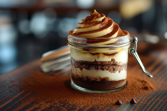 Tiramisu in a Glass Jar - Layers of mascarpone and coffee-soaked savoiardi biscuits, topped with cocoa powder, in a transparent ja