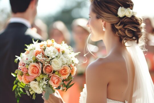 Evocative picture depicting the bride from behind holding a bouquet, staring at the groom, highlighting the back details of her dress