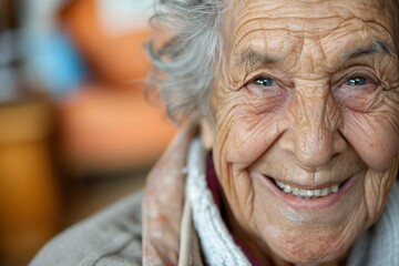 Elderly lady with lively eyes showing a genuine smile, indicative of a life well-lived - obrazy, fototapety, plakaty
