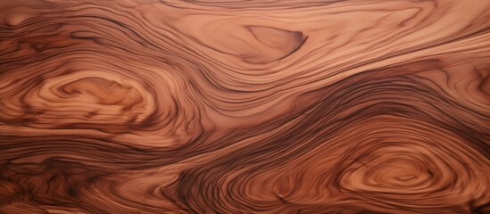 A close up of a brown hardwood surface with a swirl pattern, possibly made of plywood. The wood stain and varnish give it a rich liver color, resembling peach