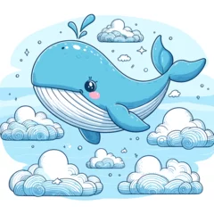 Crédence de cuisine en verre imprimé Baleine Cute Blue Whale Flying in the Sky