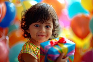 Adorable toddler with big eyes and a wide smile holding a wrapped present against a backdrop of balloons