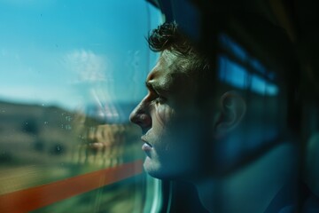 A contemplative man reflects in the train window with blurred passing landscape captured during his journey