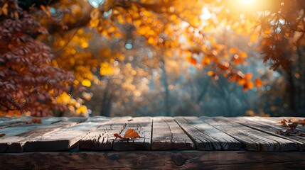 Naklejka na ściany i meble The empty wooden table top with blur background of autumns, The empty wooden table top with blur background of autum Ai generated 