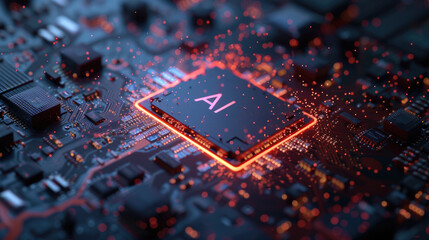 Hot AI processor on computer circuit board, main chip of artificial intelligence machine. Concept of technology, energy, light, cpu, power. - obrazy, fototapety, plakaty