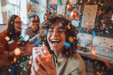 Excited young woman laughing and holding a gift surrounded by flying confetti - obrazy, fototapety, plakaty