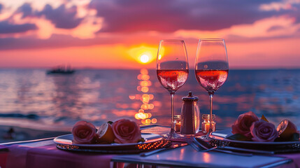 Romantic sunset dinner on the beach. Table honeymoon set for two with luxurious food, glasses of champagne drinks in a restaurant with sea view. Summer love, romance date on vacation concept. - obrazy, fototapety, plakaty