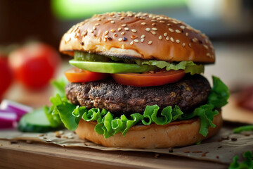 Vegetarian Burger - A burger with a black bean patty, avocado, fresh lettuce, and tomato, served on...