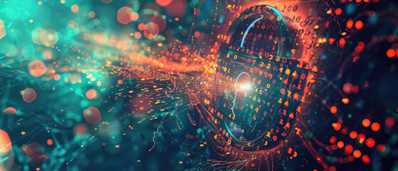 Cyber padlock on abstract dark data background, digital protection of computer information. Concept of technology, lock, secure, privacy, code, security, art. - obrazy, fototapety, plakaty