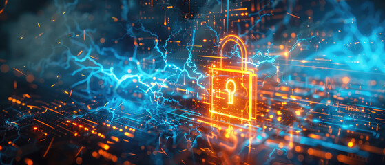 Obraz premium Cyber padlock on abstract dark data background, digital protection of computer information. Concept of technology, lock, secure, privacy, lightning, network
