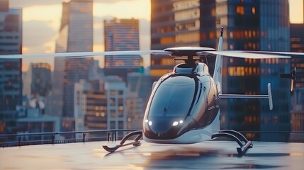 Obraz premium Modern technologies for transporting passengers and cargo by air. Unmanned taxi. The unmanned taxi takes off smoothly, showcasing its ability to navigate various terrains with ease.