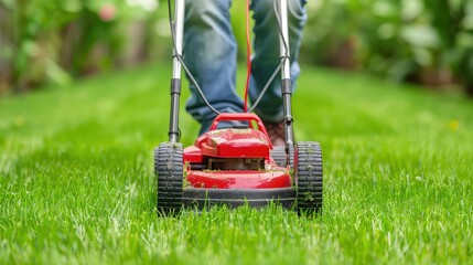 Fototapeta premium Lawn mower on grass in garden. The vibrant green grass contrasts beautifully with the red and black colors of the lawn mower.