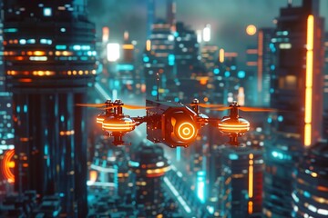 : A glowing logo on a drone, flying in a futuristic cityscape