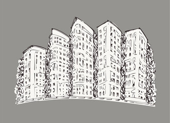 Architectural sketch of a multistory buildings. Freehand pencil drawing. Vector