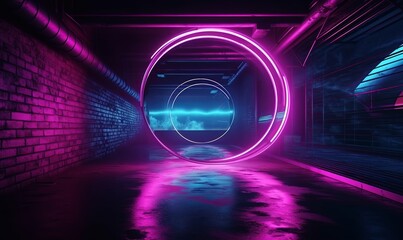 Neon sewer tunnel with round portals background. Brick 3d cyber room with pipes in industrial purple catacombs and futuristic design