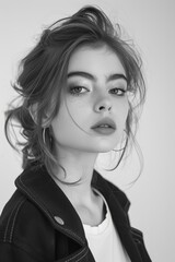 Black and white photo of a young woman with freckles, exuding elegance and confidence