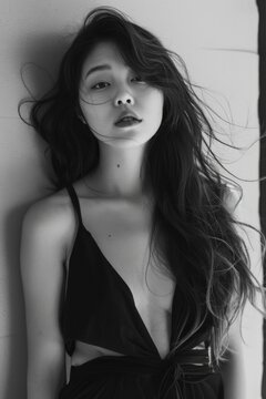 Sultry black and white portrait of a young woman with long, windswept hair and a distinct expression