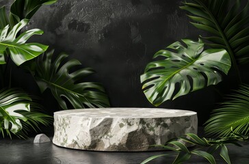 stone podium for product presentation mockup with tropical leaves on dark background 3d rendering