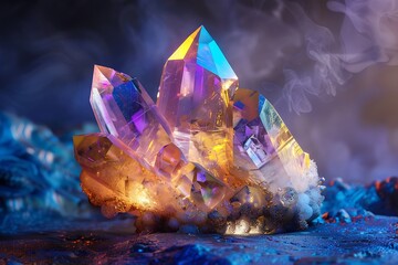 : A glowing, multi-colored crystal, with intricate internal structure and reflections - obrazy, fototapety, plakaty