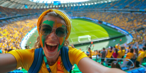 A selfie of an excited female fan with face painted in the colors