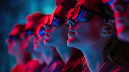 Theater spectators look at the screen. All spectators are wearing red/blue 3D glasses. cinema. Ultra realistic.