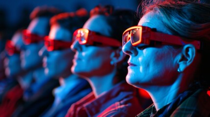 Theater spectators look at the screen. All spectators are wearing red/blue 3D glasses. cinema. Ultra realistic.