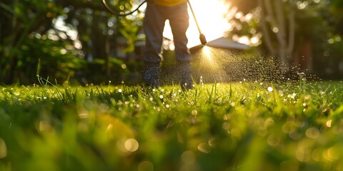 Pest control: Applying pesticide on green lawn. Concept Pest Control, Lawn Care, Pesticide Application, Green Lawn, Effective Solutions - obrazy, fototapety, plakaty