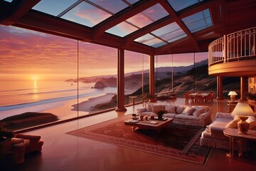 Aussicht aus dem Inneren eines stilvollen modernen Strandhaus auf einen romantischen Sonnenuntergang über dem Meer