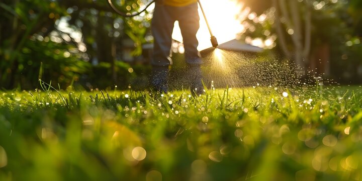 Fototapeta Pest control: Applying pesticide on green lawn. Concept Pest Control, Lawn Care, Pesticide Application, Green Lawn, Effective Solutions