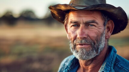 We see happy, smiling 45-year-old rural Australian farmer, with slight stubble and a hat, in the...