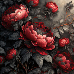 Dekoracyjna tapeta z motywem kwiatów Piwonii w stylu vintage. Generative AI - obrazy, fototapety, plakaty
