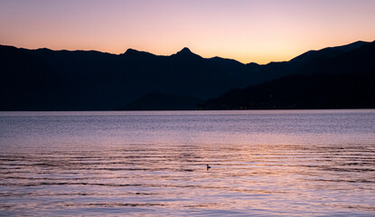 Beautiful Panorama Sunset in Lake Como with Duck Silhouette and Mountains, Bellagio, Milan, Italy