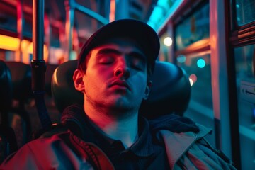 A young man is captured asleep with vivid blues and reds lighting the bus interior