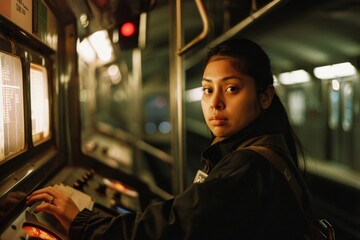 Focused young operator at the control panel of a subway train, highlighting professional roles of women